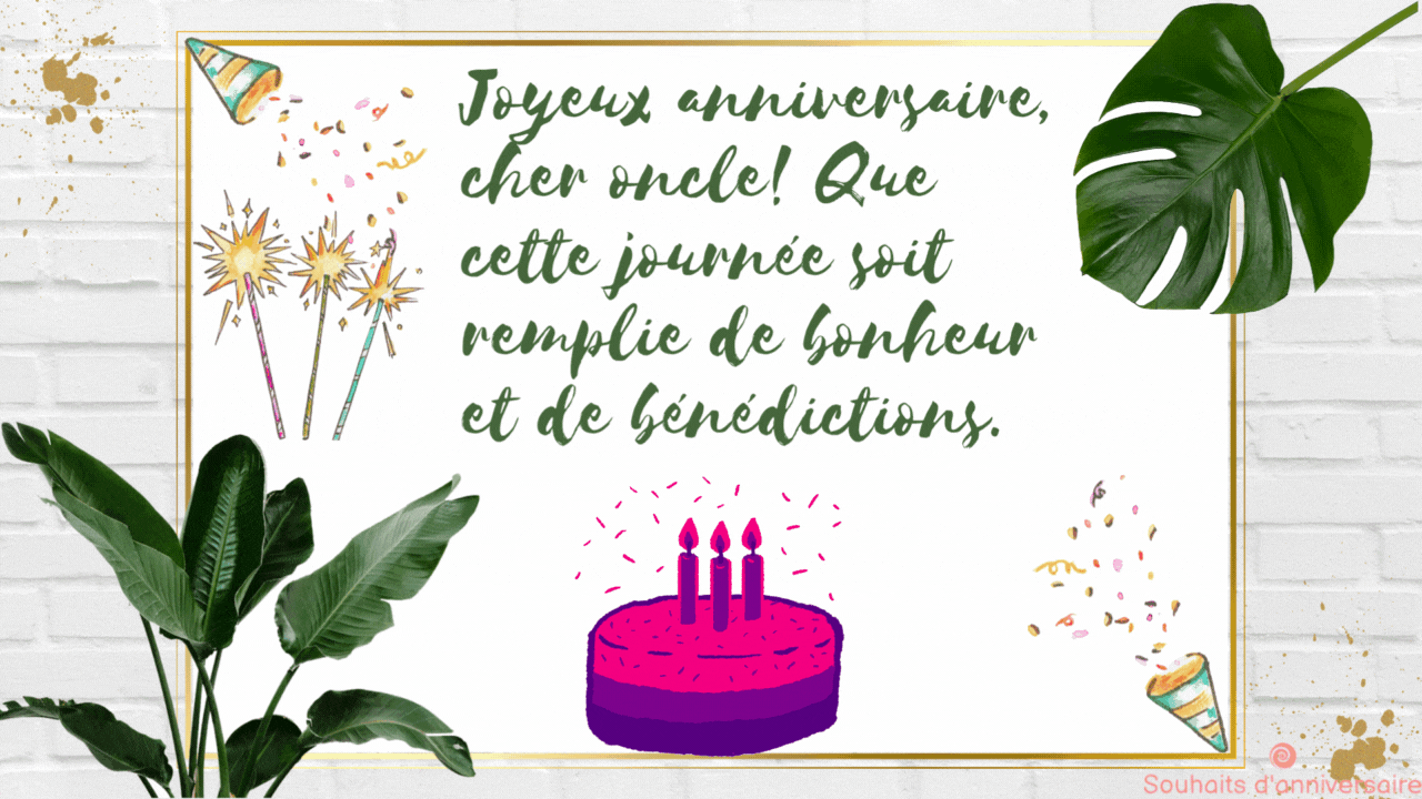 Carte d'anniversaire vibrante ornée d'un gâteau et de verdure, comportant un message ludique, souhaitant un joyeux anniversaire à l'oncle 🎂🍃🎉 #birthdaywishes