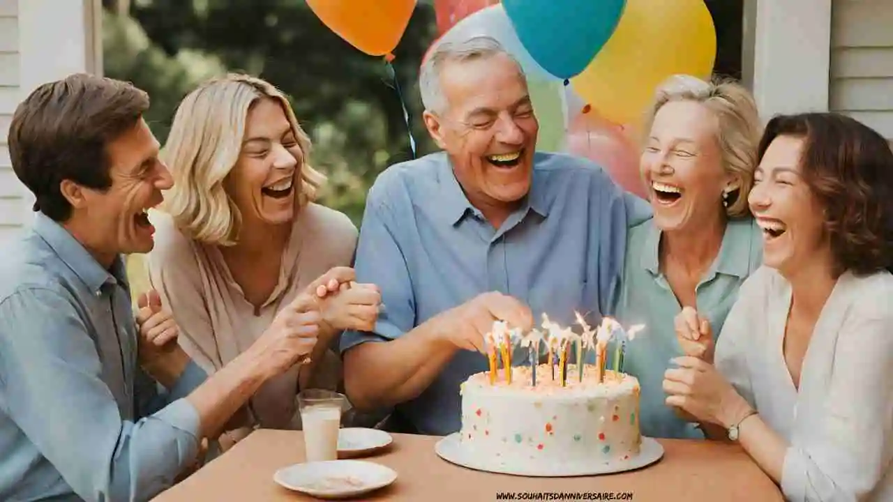 Un beau père, sa mère, son fils et sa fille assis autour d'une table avec un gâteau d'anniversaire et des ballons.