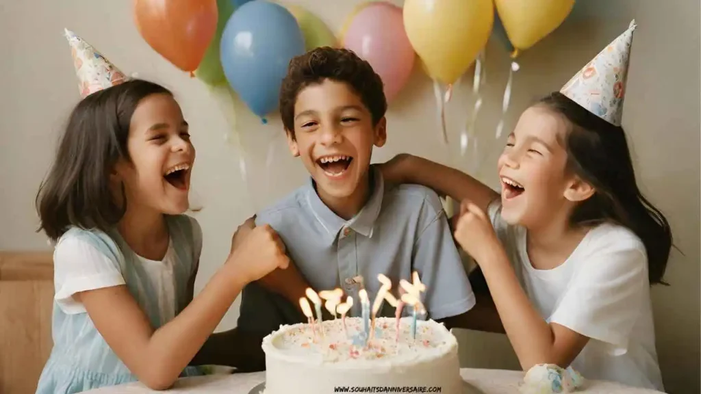 Frère fêtant son anniversaire entouré de ses deux sœurs, avec des ballons à l'arrière-plan et un gâteau d'anniversaire au premier plan.