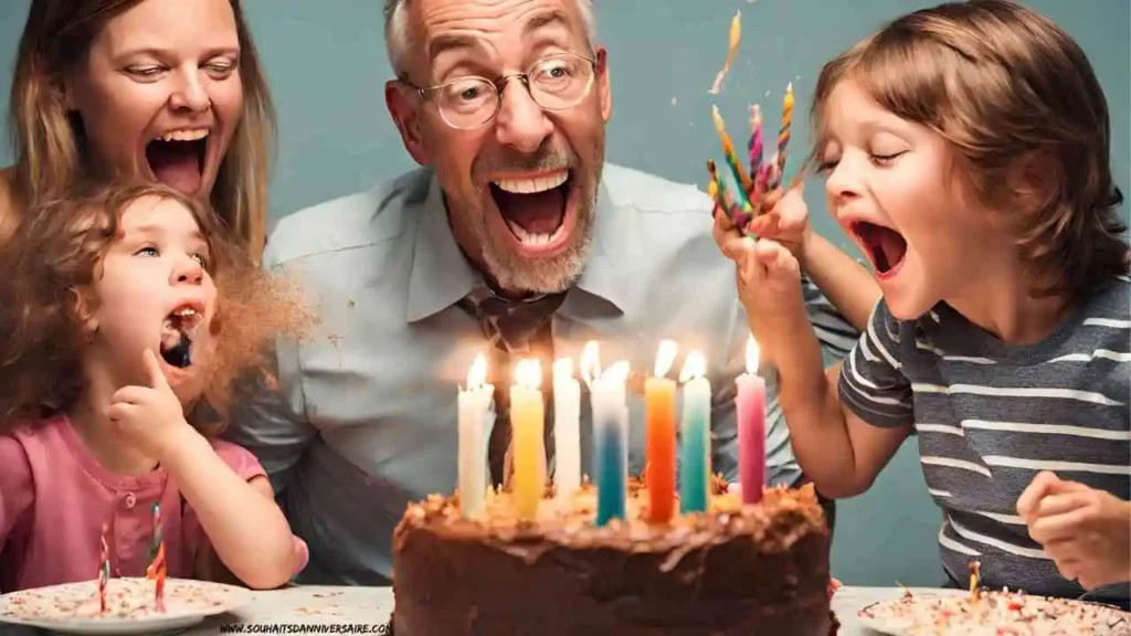 Image humoristique de l'anniversaire de papa avec les enfants soufflant les bougies, famille célèbrent joyeusement - anniversaire papa humour