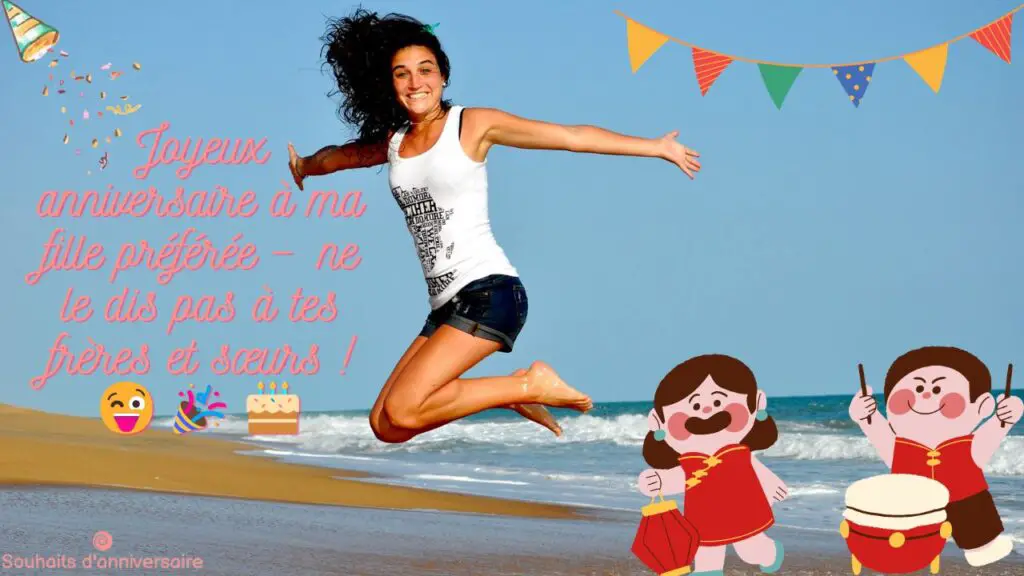 Carte d'anniversaire colorée pour une fille avec une scène de plage ludique et un message d'anniversaire