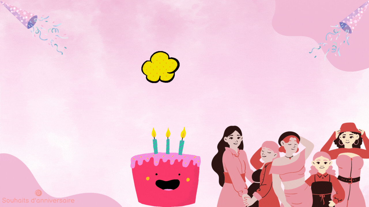 Carte d'anniversaire animée et colorée avec un popup d'anniversaire et un gâteau illuminé.