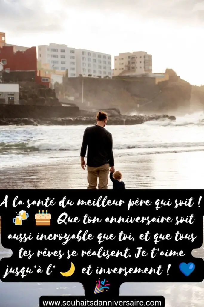 Image d'un père et de son enfant se promenant sur la plage, avec une carte d'anniversaire contenant un message sincère en français lui souhaitant le meilleur pour ce jour spécial.