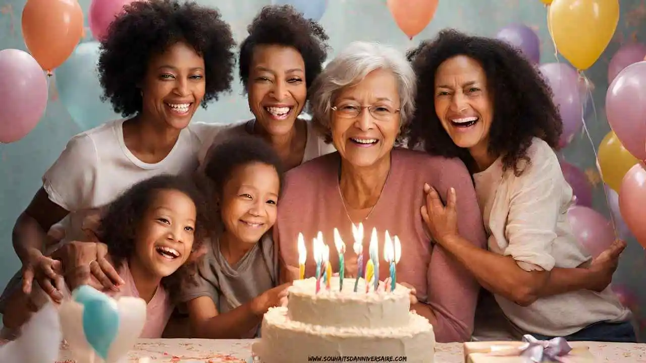 Une mère heureuse fêtant son anniversaire avec sa famille.