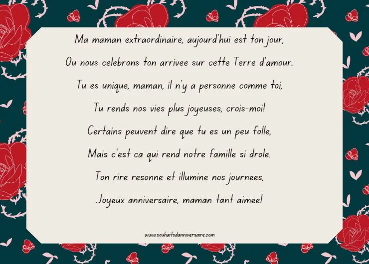 Un poème d'anniversaire amusant pour une maman extraordinaire écrit par Gaston Farfelu sur une jolie carte.