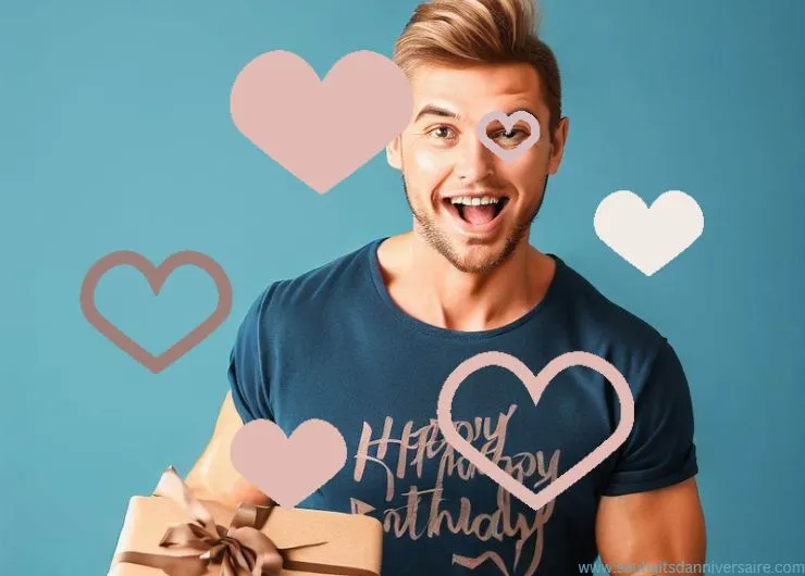 Un homme souriant le jour de son anniversaire avec des bulles en forme de coeur