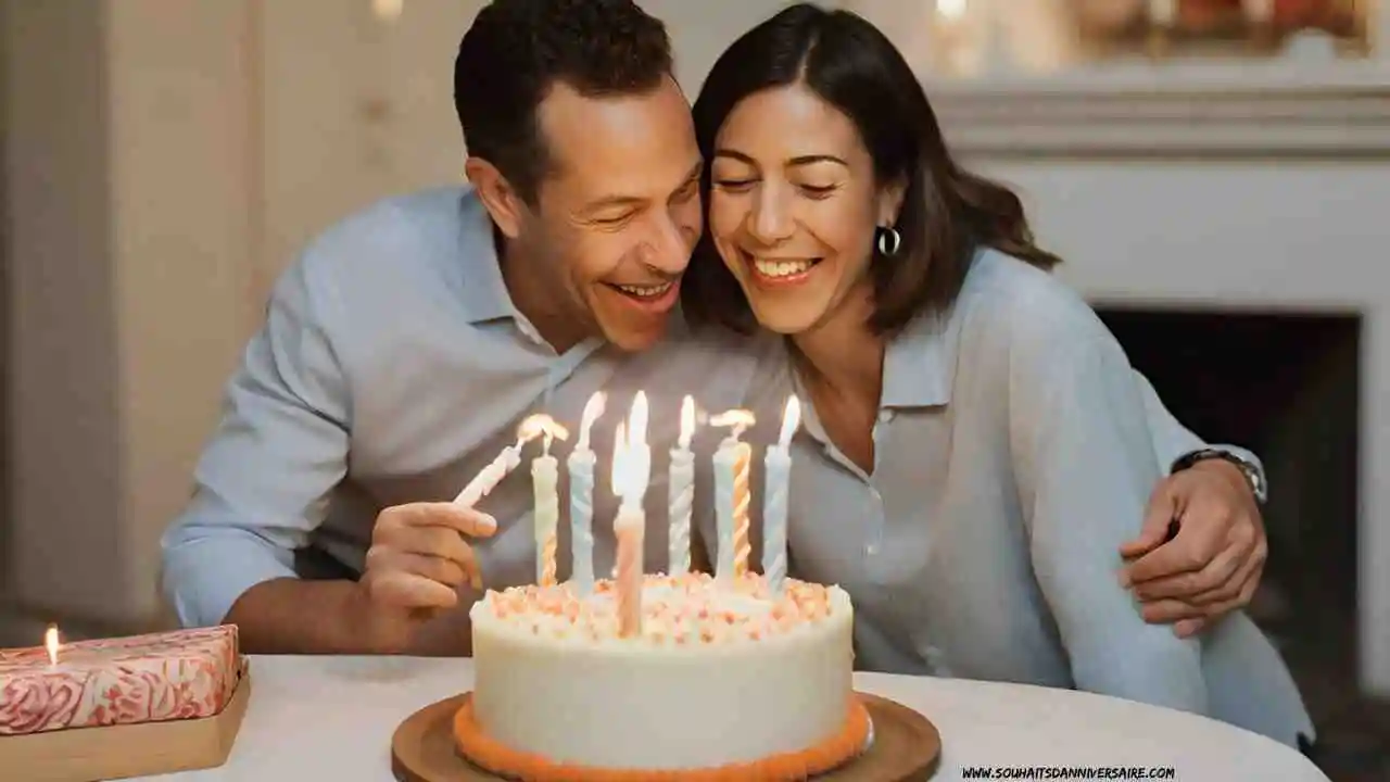 Un mari soufflant les bougies d'un gâteau d'anniversaire avec sa femme.