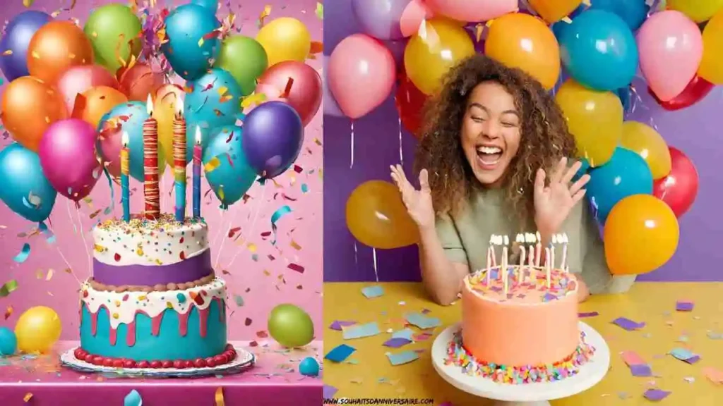 Une image anniversaire sympa avec des ballons colorés, des confettis et un délicieux gâteau.