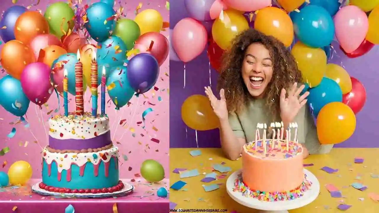 Une image anniversaire sympa avec des ballons colorés, des confettis et un délicieux gâteau.