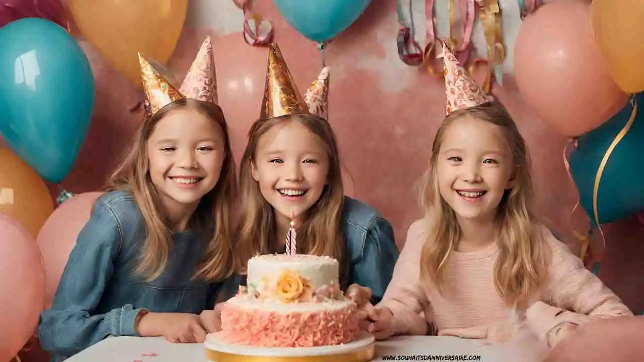 trois sœurs portant des chapeaux de fête et posant avec un gâteau d'anniversaire.