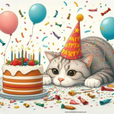 carte d'anniversaire où un chat espiègle organise une fête surprise pour son humain, avec des confettis, des ballons et un gâteau que le chat a peut-être déjà goûté.