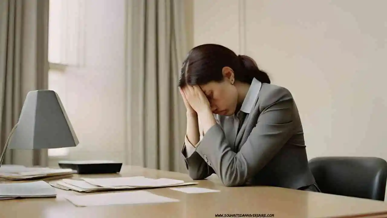 Image professionnelle de condoléances : Une femme en tailleur assise à un bureau, la tête entre ses mains, exprimant la tristesse.
