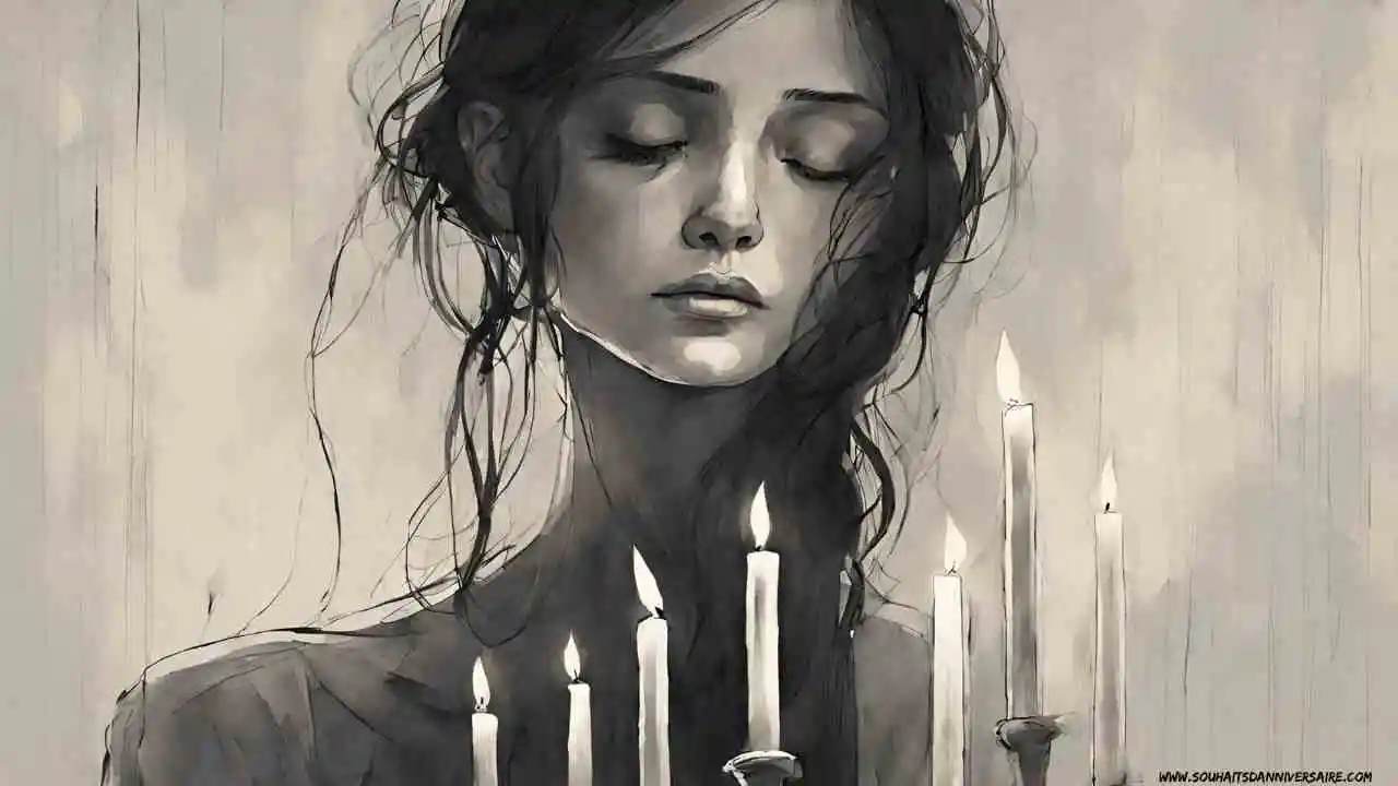 Une illustration en noir et blanc d'une personne tenant des bougies dans le deuil.
