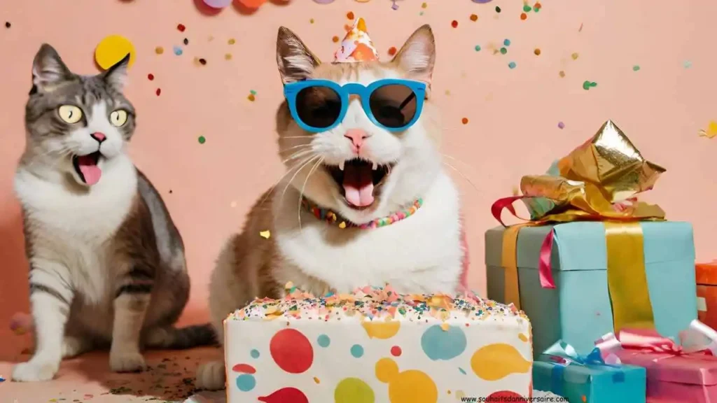 Image amusante pour joyeux anniversaire, avec un gâteau, un chat qui danse et des cadeaux, pour une touche d'humour à la fête!