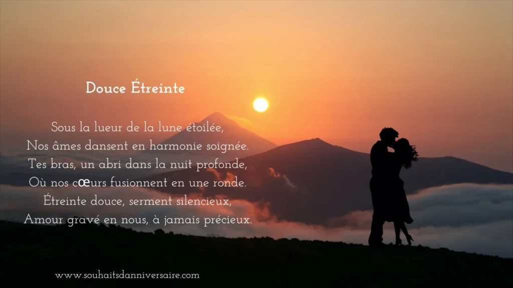 Poème "Douce Étreinte" - Un amoureux s'embrasse sous un ciel étoilé avec des montagnes et un lever de soleil en arrière-plan.