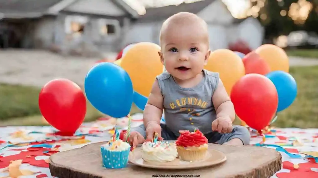 Un fils d'un an assis devant un gâteau et des ballons