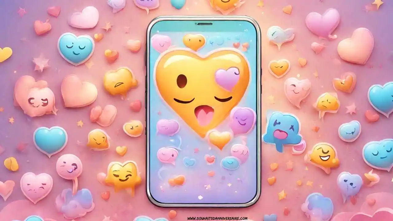 Smartphone romantique : cœurs, étoiles et messages doux.