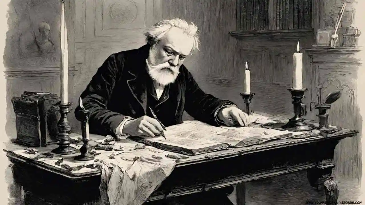 Victor Hugo écrivant des poèmes d'amour à la lueur des bougies dans un cadre intime du 19ème siècle.