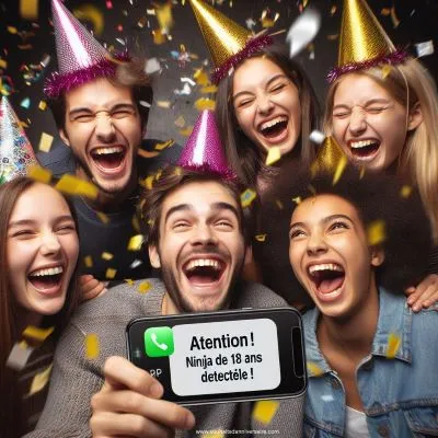 une photo humoristique d'un groupe d'amis riant ensemble, avec des chapeaux de fête de travers et une pluie de confettis. L'un des amis tient un smartphone avec une bulle de message textuel indiquant "Attention ! Ninja de 18 ans détectée !
