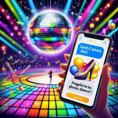 Illustration vibrante d'une boule disco reflétant des lumières colorées sur une piste de danse sur le thème d'un anniversaire. Au premier plan, l'écran d'un smartphone affiche un message textuel indiquant "Soirée d'anniversaire disco ! Prépare tes chaussures de danse !