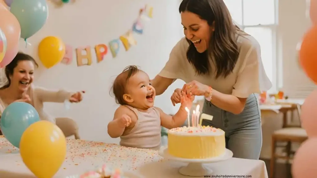 Bébé de 1 an mangeant un gâteau d'anniversaire avec ses parents