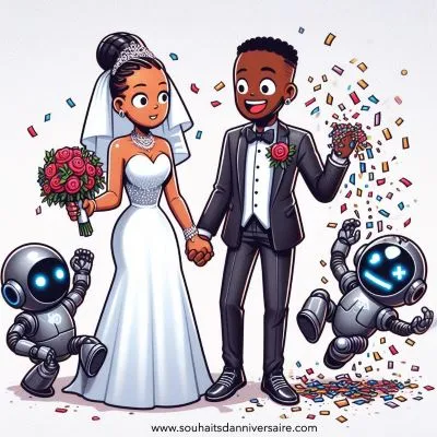 Dessin humoristique d'un couple noir en costume de mariage futuriste, dont les invités sont des robots. Le couple se tient par la main et roule des yeux de façon amusante tandis qu'un robot défectueux répand des confettis partout.