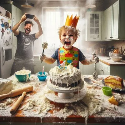 Le chaos règne dans la cuisine lorsqu'un petit cuisinier conquiert le chaos, maniant le glaçage et le gâteau comme un champion, tandis qu'un parent fier immortalise la douce folie devant sa caméra.