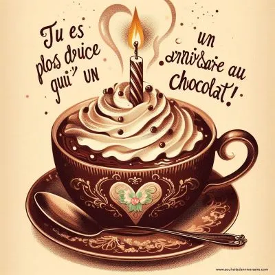 Illustration de style ancien d'une tasse de chocolat chaud fumante garnie de crème fouettée et d'une bougie d'anniversaire, la vapeur formant un cœur au-dessus de la tasse, avec un message en français : "Tu es plus douce qu'un anniversaire au chocolat !
