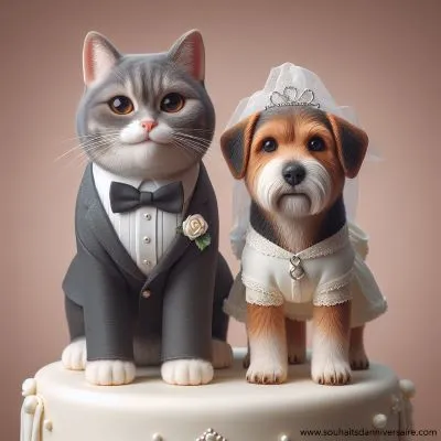 Image photoréaliste d'un chat et d'un chien vêtus de vêtements de mariage miniatures, debout sur un gâteau de mariage. Le chat a un sourire malicieux, tandis que le chien a l'air légèrement déconcerté mais heureux.