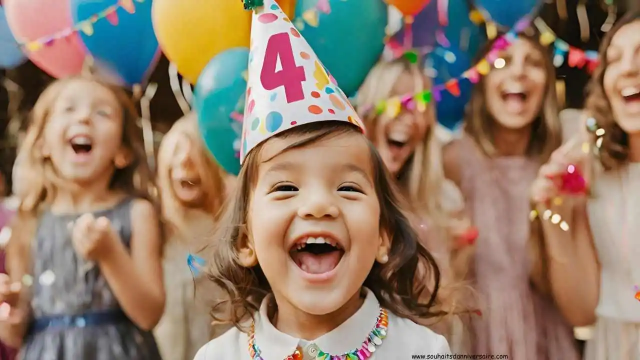 Image de joyeux anniversaire pour enfant de 4 ans portant un chapeau festif avec le chiffre 4, entouré de ballons et de confettis colorés.