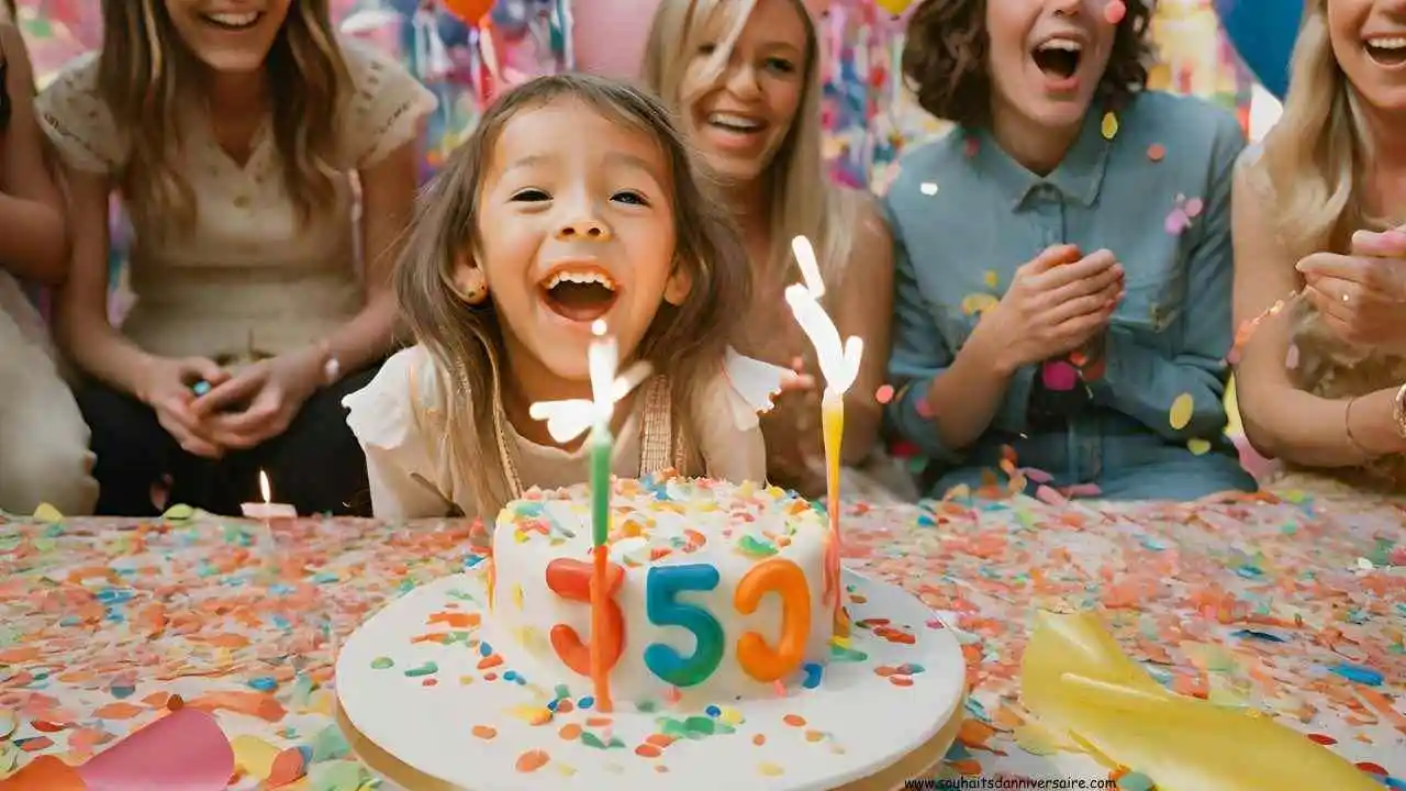 Joyeux anniversaire 5 ans - Enfants célébrant leur cinquième anniversaire avec un gâteau d'anniversaire et des ballons colorés.