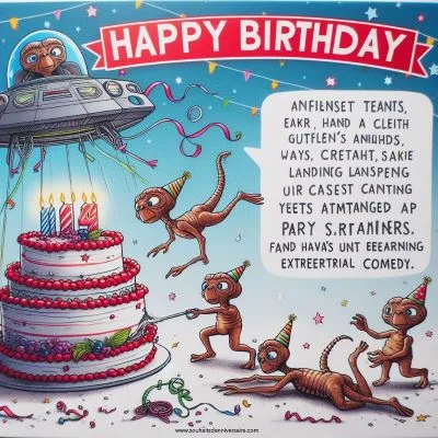 Une carte d'anniversaire mettant en scène une équipe d'extraterrestres maladroits mais bien intentionnés qui tentent de livrer un gâteau d'anniversaire à la Terre, en faisant atterrir leur vaisseau spatial en catastrophe de manière amusante,