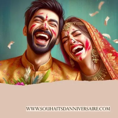 Peinture d'un couple d'Asie du Sud en tenues de mariage éclatantes, riant après avoir lu des textes d'anniversaire humoristiques. L'homme tient un bouquet de fleurs fanées et la femme a une trace de rouge à lèvres sur la joue.