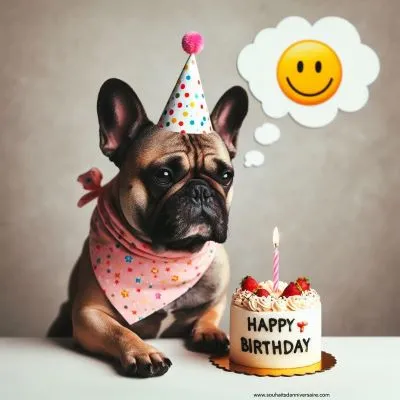 Un bouledogue français grincheux portant un bandana d'anniversaire festif et un minuscule chapeau de fête, assis royalement devant un gâteau d'anniversaire simplement décoré avec une seule bougie allumée. Une bulle de pensée avec un emoji d'anniversaire apparaît au-dessus de la tête du chien.