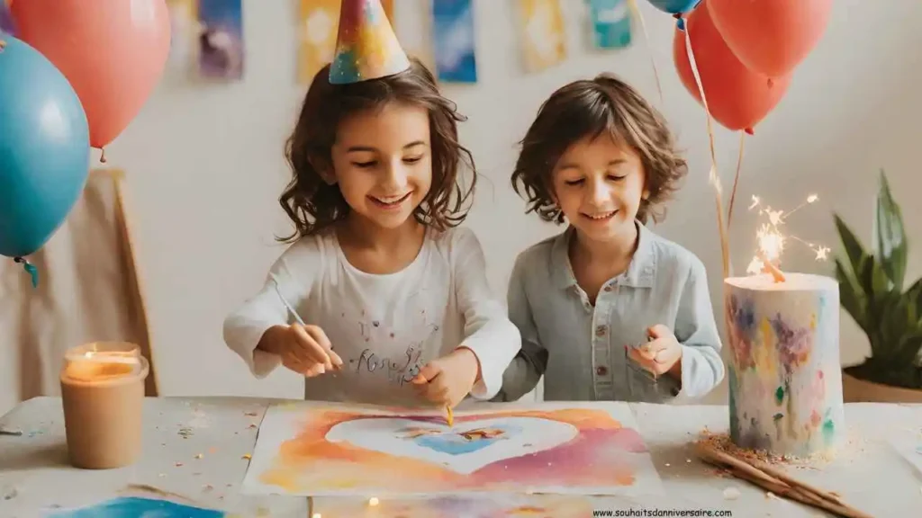 Joyeux anniversaire 3 ans - Un enfant souriant entouré de ballons colorés et de confettis.
