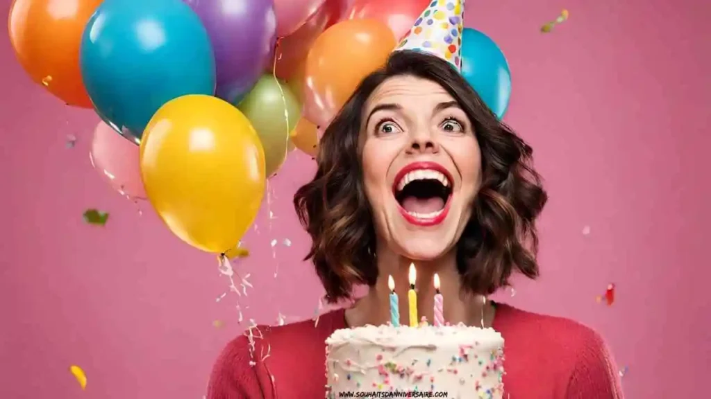 Une femme heureuse tenant un gâteau d'anniversaire avec des bougies et des ballons.