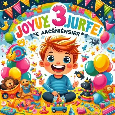 Une carte d'anniversaire dynamique pour un garçon de 3 ans, avec des éléments ludiques et des couleurs reflétant la joie et l'excitation. Illustration d'une scène avec un petit garçon joyeux entouré de ses jouets et ballons préférés, affichant un large sourire.