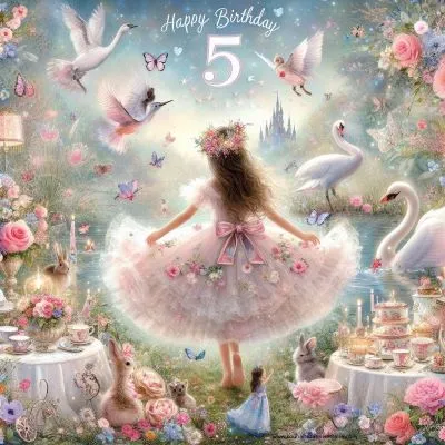 Une carte d'anniversaire rêveuse pour une petite fille de 5 ans, entourée d'un jardin magique avec des fleurs épanouies, des papillons, des cygnes, portant une robe fluide avec des rubans et des nœuds.