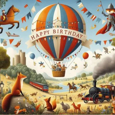 Carte d'anniversaire aventureuse pour un jeune garçon fêtant ses cinq ans, avec une montgolfière ornée de jouets et de drapeaux colorés, saluant des animaux sympathiques tels que des renards, des cerfs et des écureuils dans la campagne française.