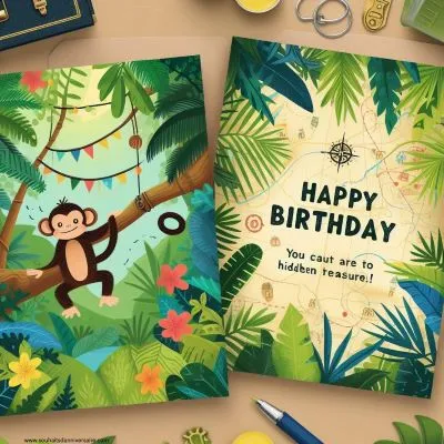  Un jeune explorateur aventureux avec une scène de jungle vibrante, un singe curieux se balançant d'arbre en arbre, un mélange ludique de textures, une carte au trésor cachée et des couleurs vives de verts, de jaunes et de bleus.