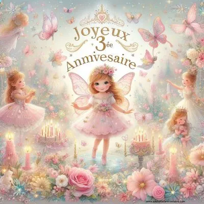 Une carte d'anniversaire enchanteresse pour une petite fille de 3 ans, avec des éléments magiques et des images ravissantes. Une scène avec une douce petite fille entourée de papillons, de fleurs et de fées qui dansent pour célébrer l'événement.