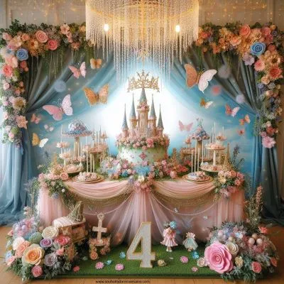 Un tableau d'anniversaire magique pour une princesse de 4 ans avec un jardin de conte de fées, des papillons, des fleurs et une couronne ornée de pierres précieuses, rayonnant de grâce et de charme.