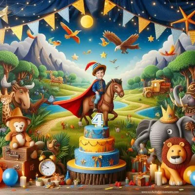 Une scène d'anniversaire enchanteresse pour un garçon aventurier de 4 ans avec une cape de héros, des animaux sympathiques et des couleurs vibrantes d'excitation et de découverte.