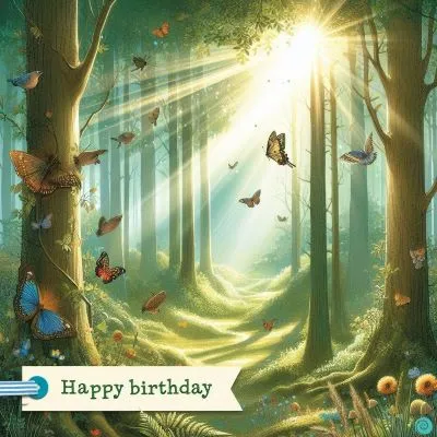 une carte d'anniversaire pour un amoureux de la nature avec une scène de forêt tranquille, la lumière du soleil filtrant à travers la canopée, des oiseaux gazouillant, des papillons voltigeant, des arbres imposants et une note manuscrite à l'intérieur.