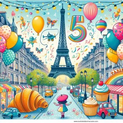 Une carte d'anniversaire vibrante et fantaisiste pour les enfants de 5 ans, avec la Tour Eiffel, l'Arc de Triomphe, les rues parisiennes avec des ballons colorés et des confettis, des illustrations de croissants, de macarons et de personnages portant des bérets, au milieu de lumières scintillantes.