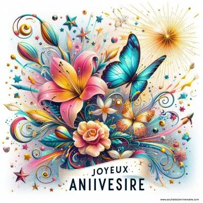 une image sur le thème de l'anniversaire avec des représentations visuelles vibrantes de souhaits d'anniversaire, y compris des éléments tels qu'un papillon voltigeant, une fleur épanouie et une étoile filante, avec le texte "Joyeux anniversaire".