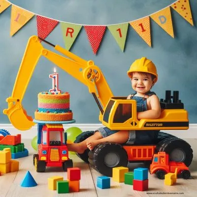 Un chantier coloré et lumineux avec des camions jouets, des blocs et un mini gâteau d'anniversaire. Un garçon d'un an, heureux, est assis sur une pelleteuse, porte un casque et tient un drapeau aux couleurs vives avec le chiffre "1". L'ambiance est créative, pleine de ressources et de possibilités pour célébrer un futur bâtisseur et résolveur de problèmes.