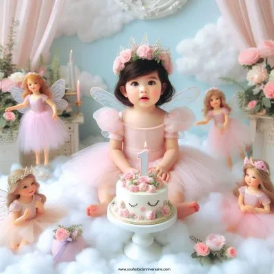 Un charmant décor de conte de fées avec une palette de couleurs pastel, mettant en scène une jolie petite fille d'un an assise sur un nuage moelleux entourée de fées espiègles, tenant un petit gâteau avec une seule bougie, pour célébrer une petite princesse spéciale.