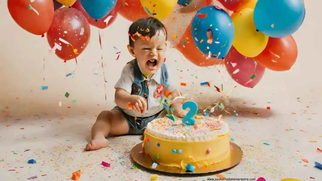 Gâteau d'anniversaire enfant 2 ans | Joyeux anniversaire | Confettis | Ballons | Fête d'anniversaire