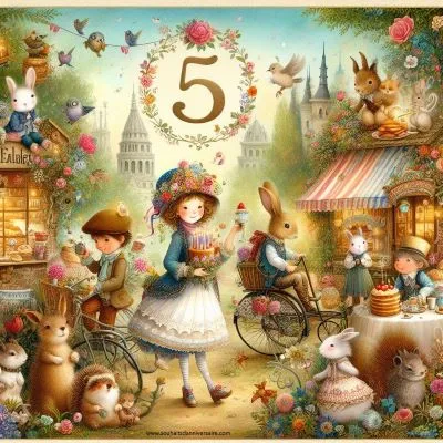 Une charmante image de carte d'anniversaire pour un enfant de 5 ans dans un monde fantaisiste avec des personnages enchanteurs et des créatures fantastiques, 